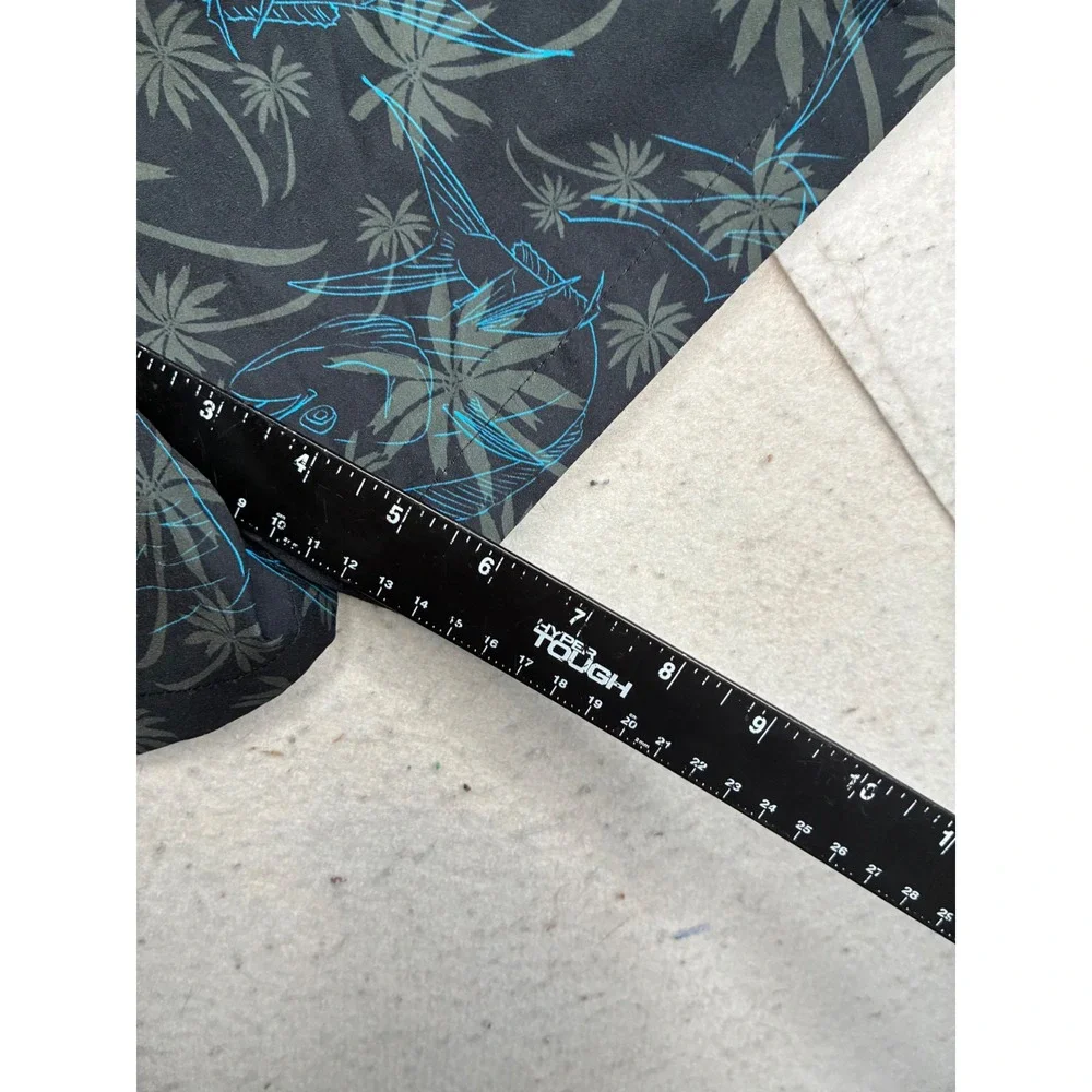 Huk Performance Fishing Shorts Mens Large Black Teal Tropical Palm Fish Print